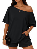 Women 2-piece Fashionable Casual Set Slant-Neck Top And Shorts