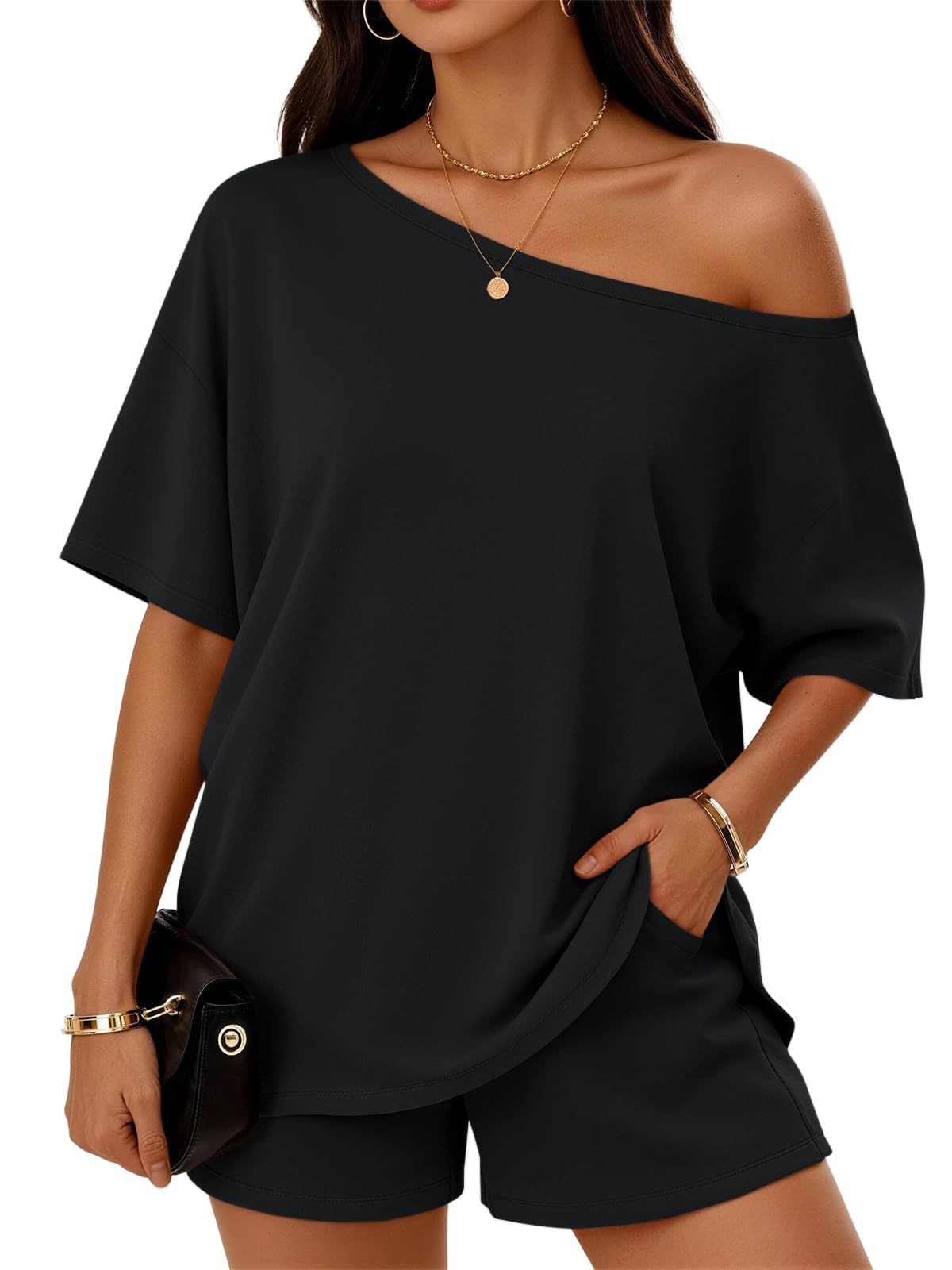 Women 2-piece Fashionable Casual Set Slant-Neck Top And Shorts