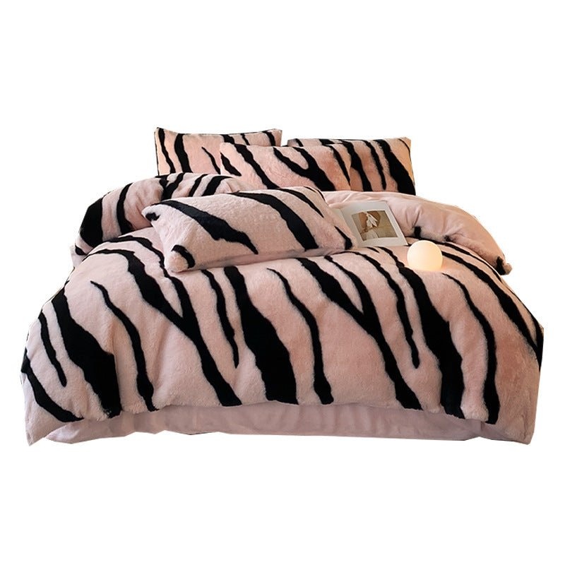Class A Leopard Print Rabbit Plush Four-piece Set Light Luxury Milk Fiber Quilt Cover Thickening Thermal Bed Sheets