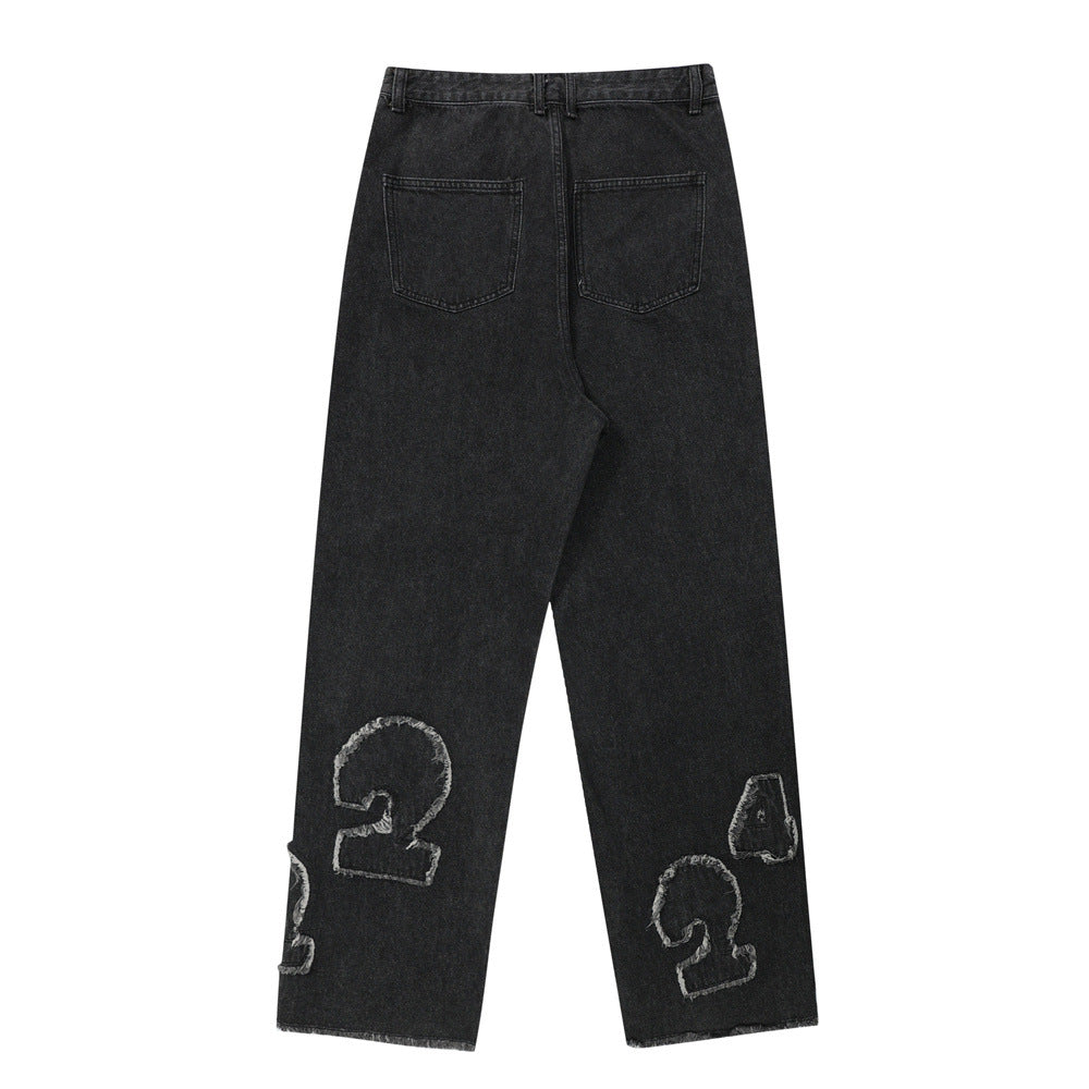 Men's Digital Cat Beard Affixed Cloth Embroidered Washed Jeans