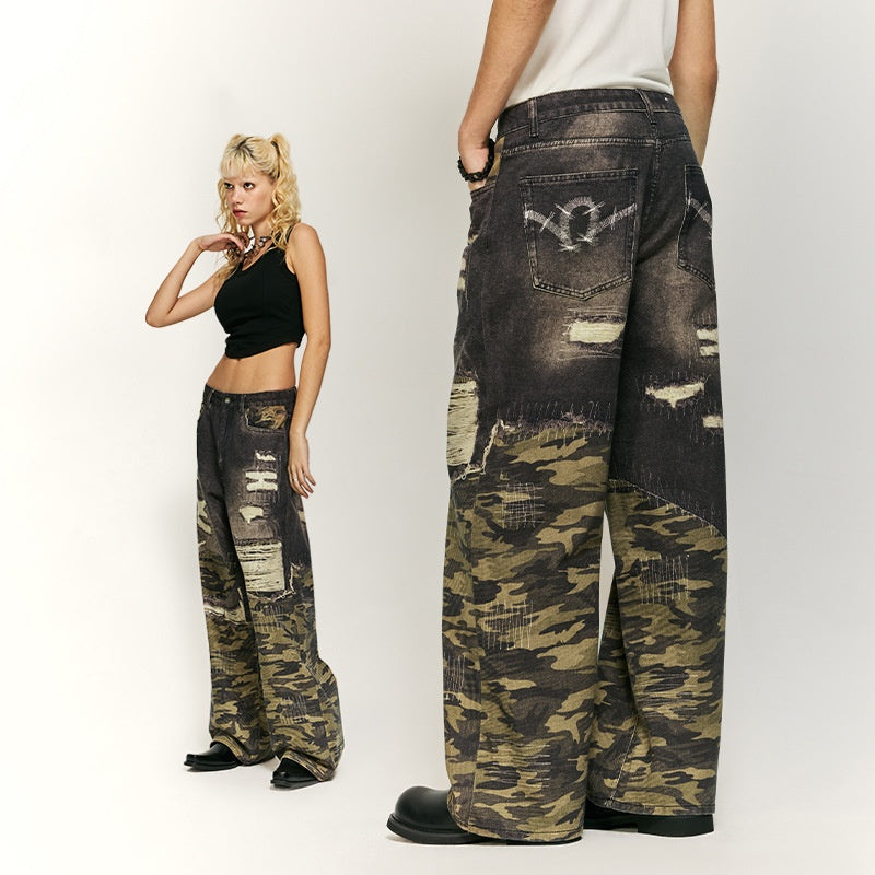 Cat Beard Stitching Digital Printing Jeans Loose Straight Trousers