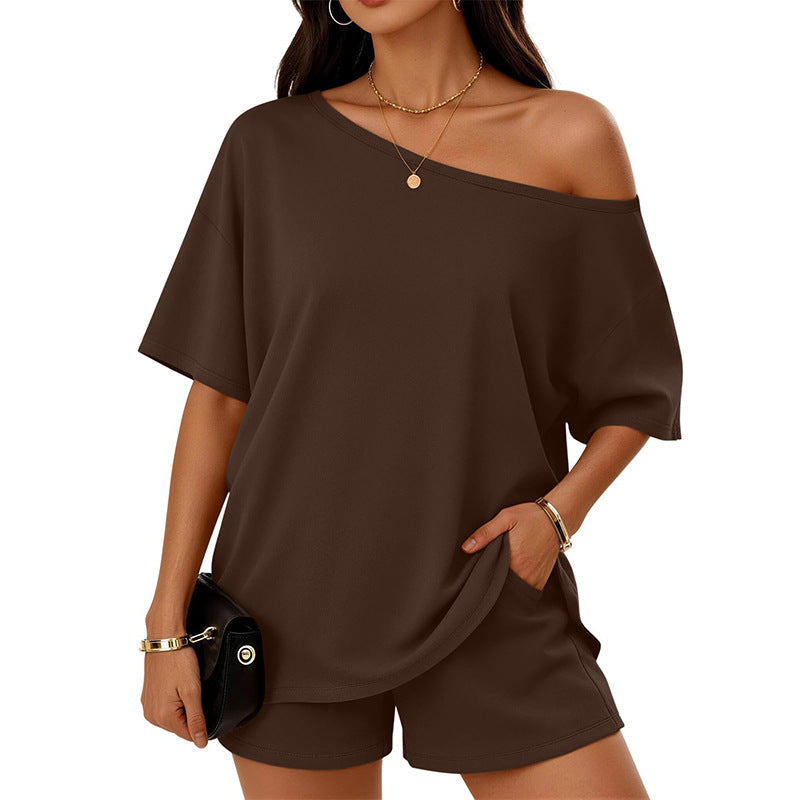 Women 2-piece Fashionable Casual Set Slant-Neck Top And Shorts