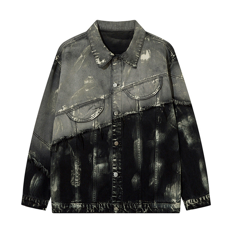 Men's Trendy Punk Contrast Color Gradient Irregular Stitching Cat Beard Polo Collar Jacket