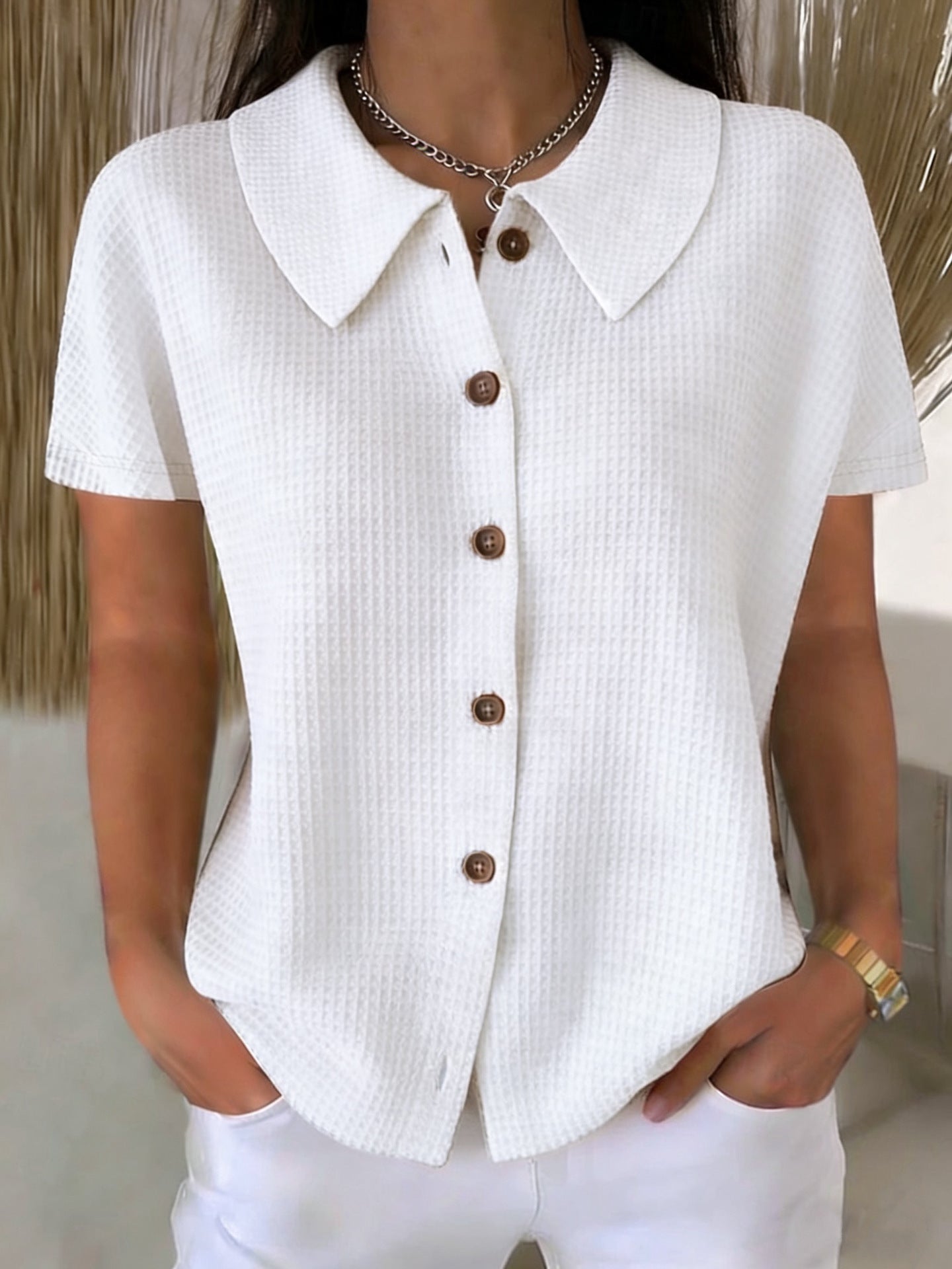 Turn-Down Collar Waffle Weave Solid Color Casual Loose Fit Short Sleeve Shirt - Women's Cotton Blend Lightweight Summer Top For Daily Wear