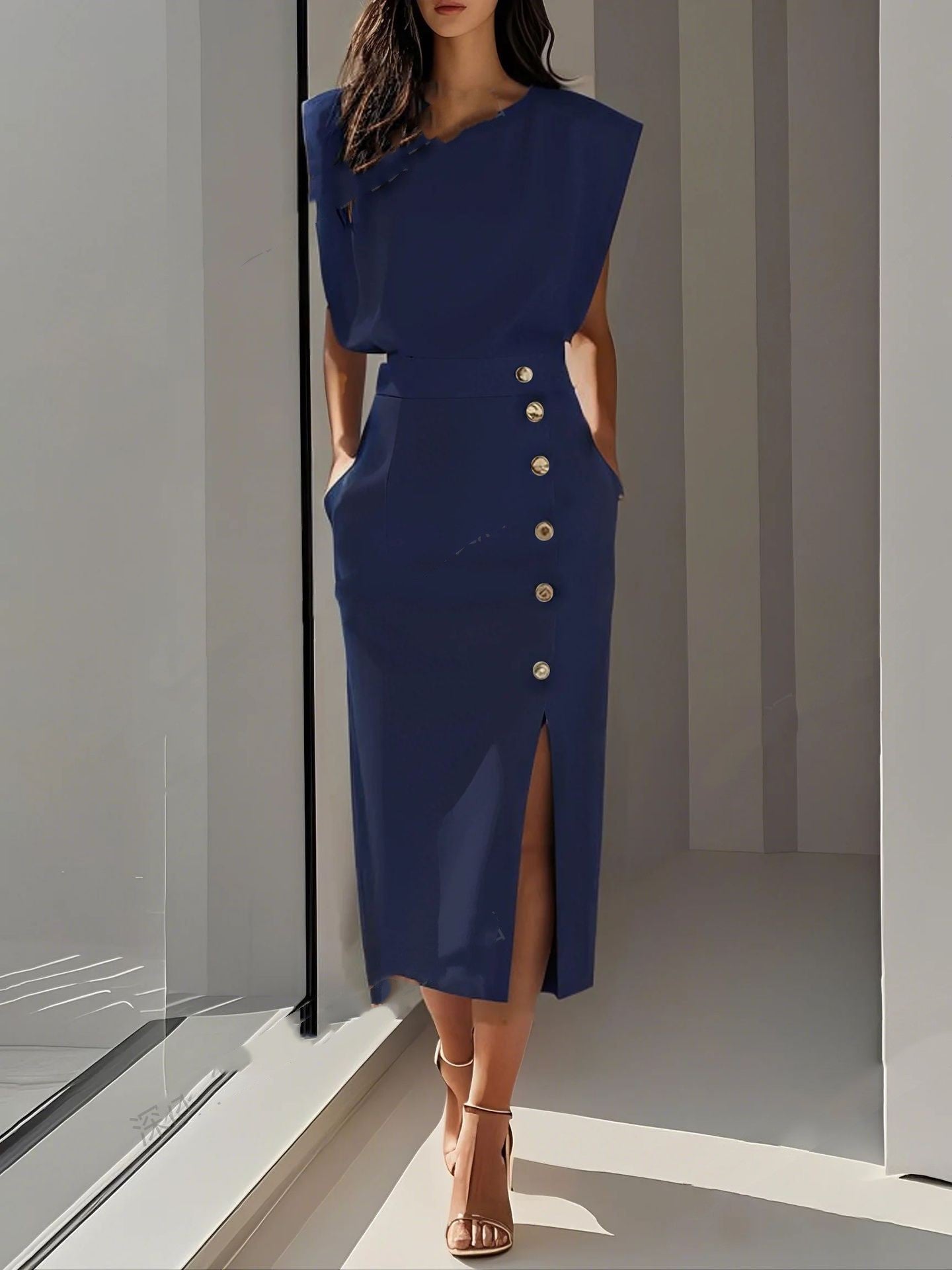 Women's Summer Split Dress With Buttons Casual Sleeveless Midi Dress Clothing