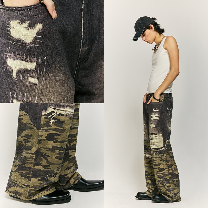 Cat Beard Stitching Digital Printing Jeans Loose Straight Trousers