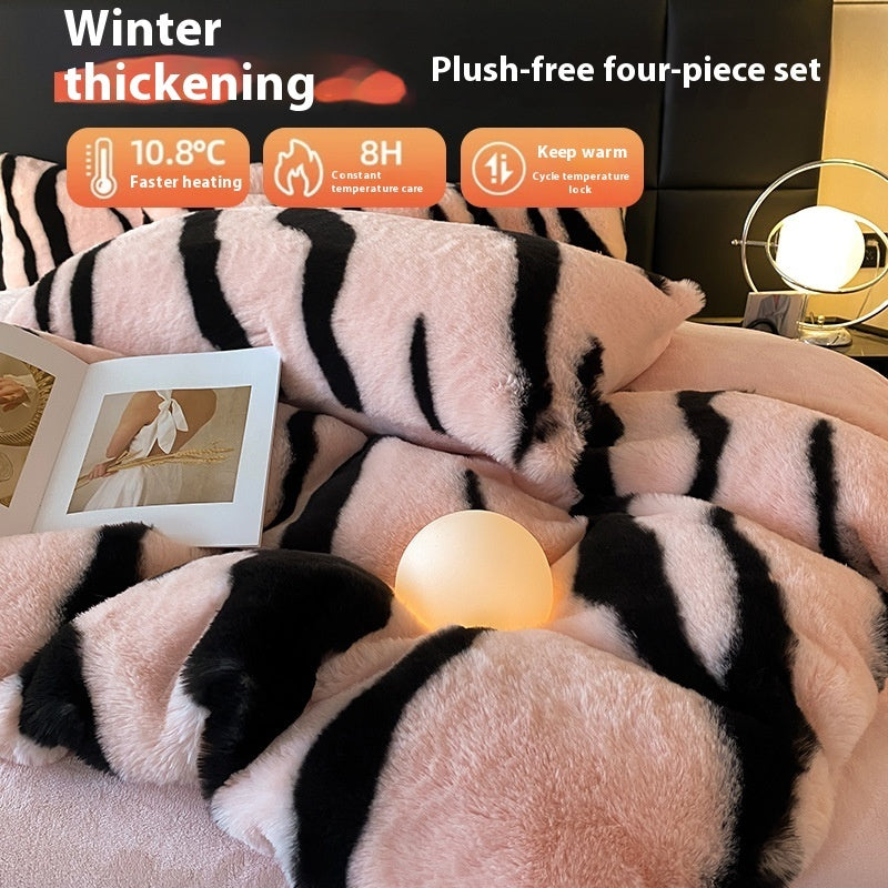 Class A Leopard Print Rabbit Plush Four-piece Set Light Luxury Milk Fiber Quilt Cover Thickening Thermal Bed Sheets