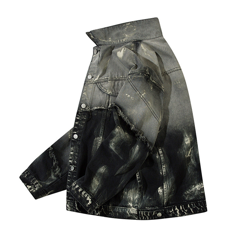 Men's Trendy Punk Contrast Color Gradient Irregular Stitching Cat Beard Polo Collar Jacket