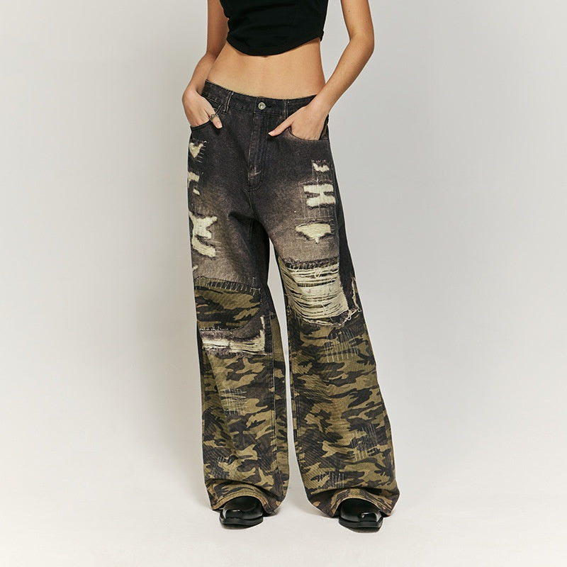 Cat Beard Stitching Digital Printing Jeans Loose Straight Trousers