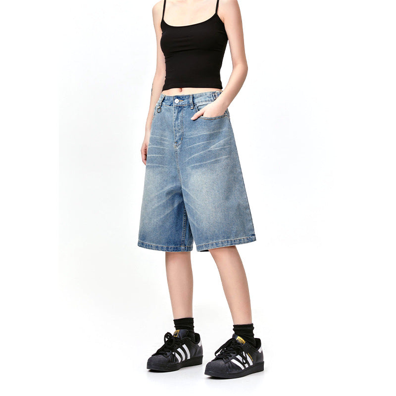 American Retro Denim Cropped Pants Washed Cat Beard Pattern