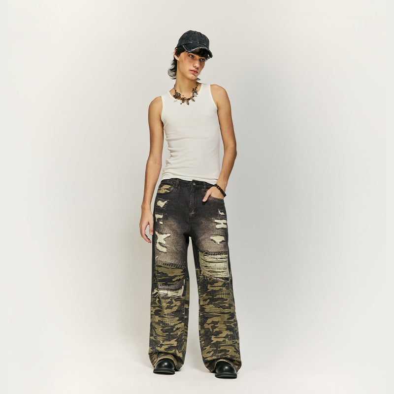 Cat Beard Stitching Digital Printing Jeans Loose Straight Trousers