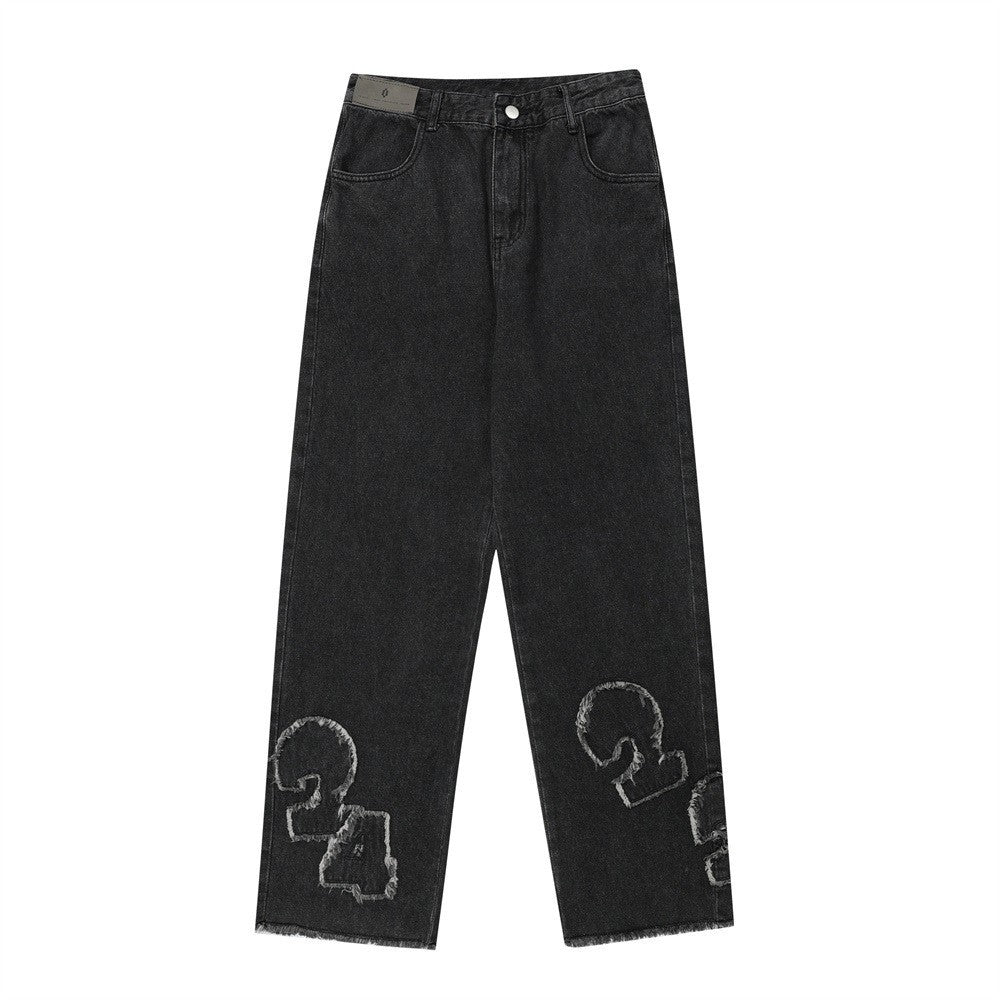 Men's Digital Cat Beard Affixed Cloth Embroidered Washed Jeans