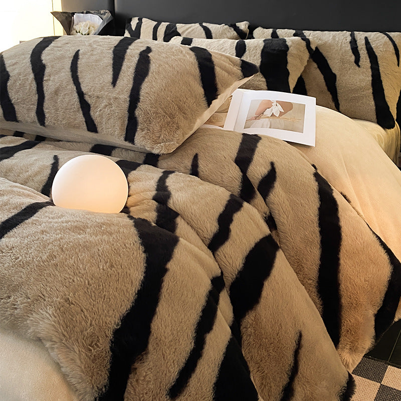 Class A Leopard Print Rabbit Plush Four-piece Set Light Luxury Milk Fiber Quilt Cover Thickening Thermal Bed Sheets