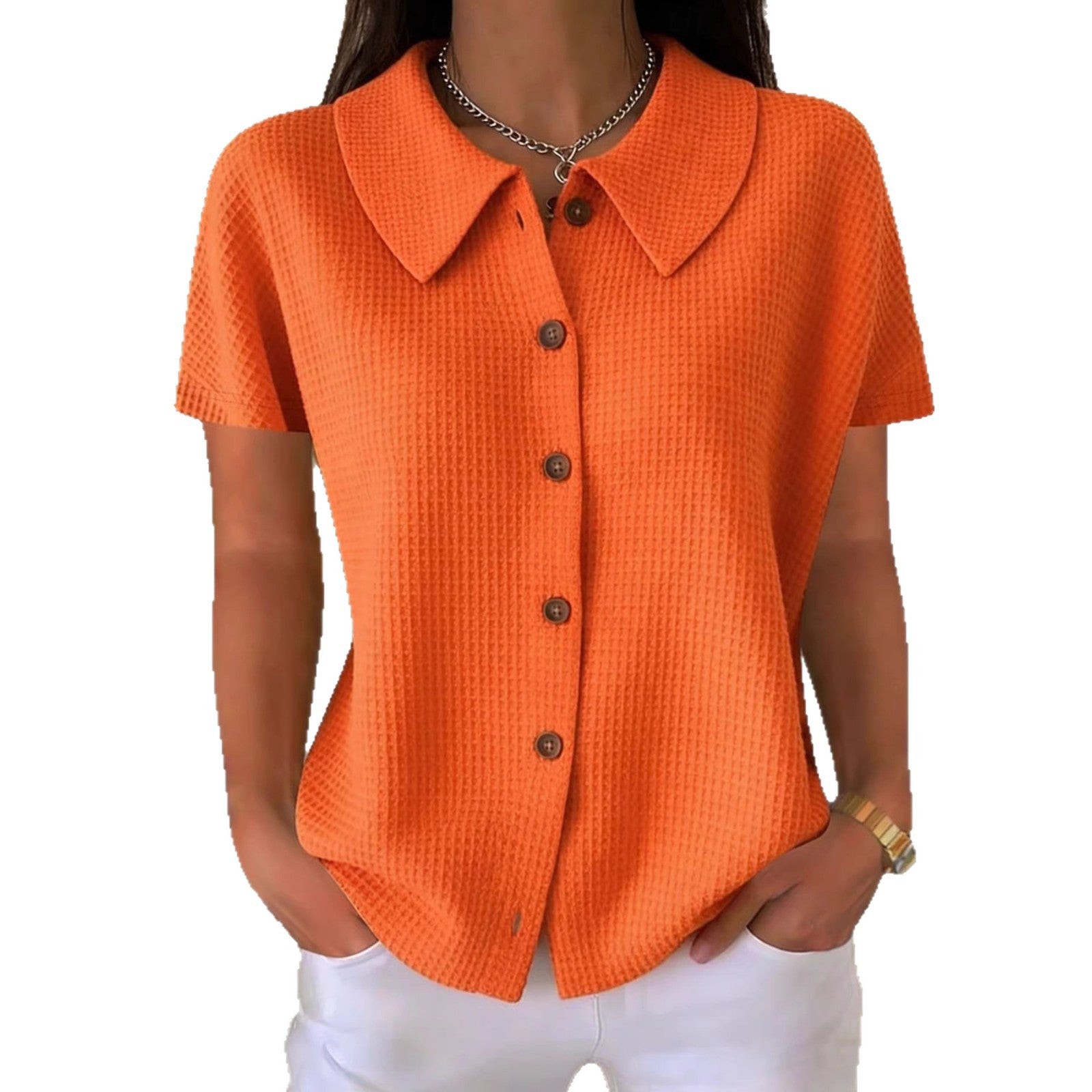 Turn-Down Collar Waffle Weave Solid Color Casual Loose Fit Short Sleeve Shirt - Women's Cotton Blend Lightweight Summer Top For Daily Wear