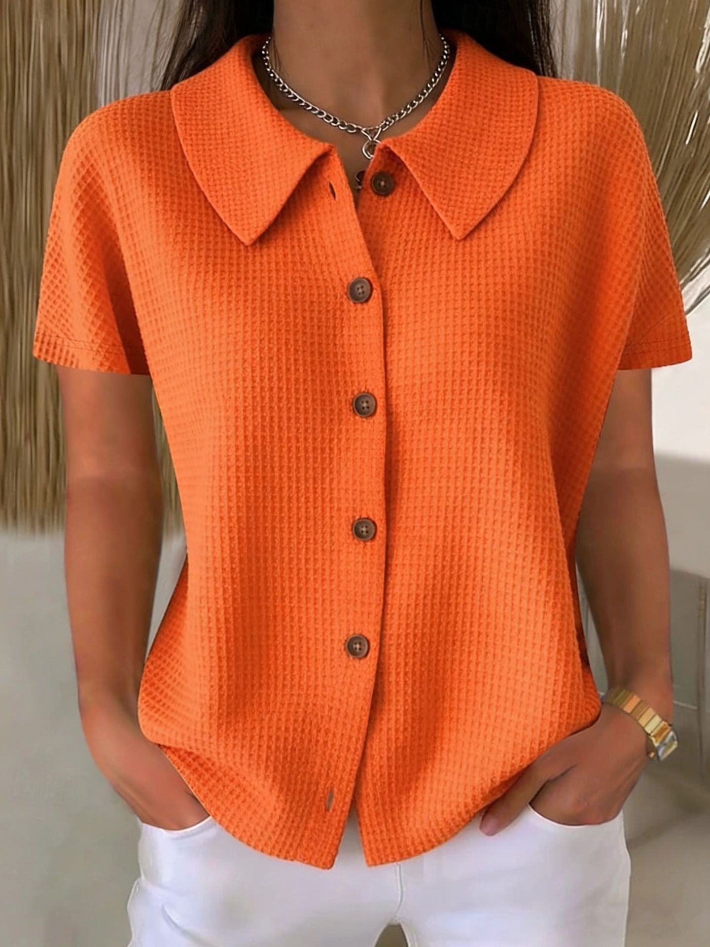 Turn-Down Collar Waffle Weave Solid Color Casual Loose Fit Short Sleeve Shirt - Women's Cotton Blend Lightweight Summer Top For Daily Wear