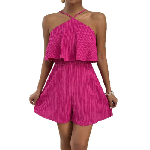 Crinkled Halter Neck Ruffled Jumpsuit Women's One Piece Summer Outfit.