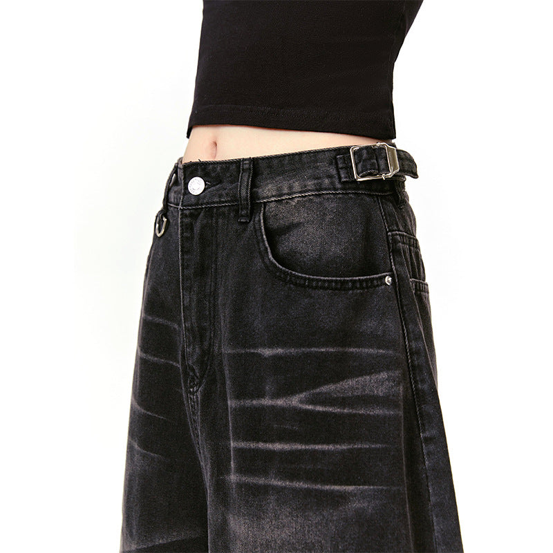 American Retro Denim Cropped Pants Washed Cat Beard Pattern