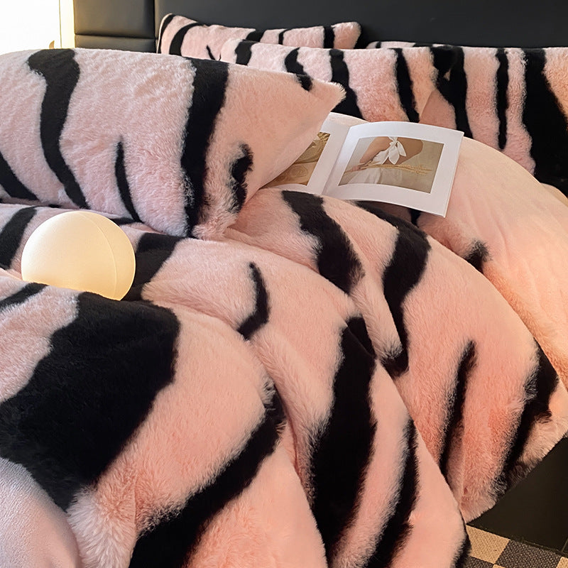 Class A Leopard Print Rabbit Plush Four-piece Set Light Luxury Milk Fiber Quilt Cover Thickening Thermal Bed Sheets