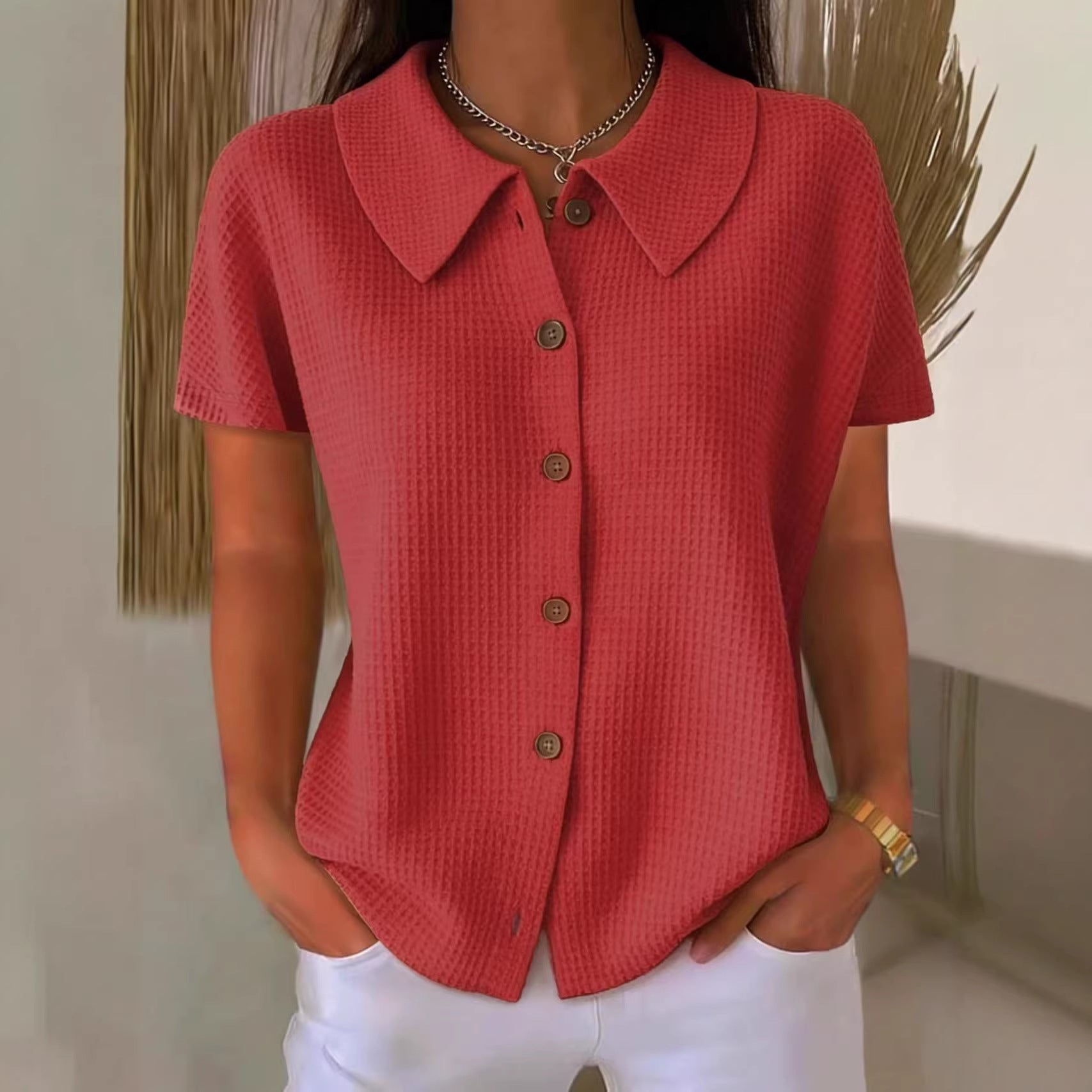 Turn-Down Collar Waffle Weave Solid Color Casual Loose Fit Short Sleeve Shirt - Women's Cotton Blend Lightweight Summer Top For Daily Wear
