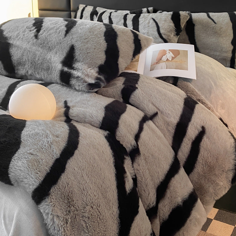 Class A Leopard Print Rabbit Plush Four-piece Set Light Luxury Milk Fiber Quilt Cover Thickening Thermal Bed Sheets