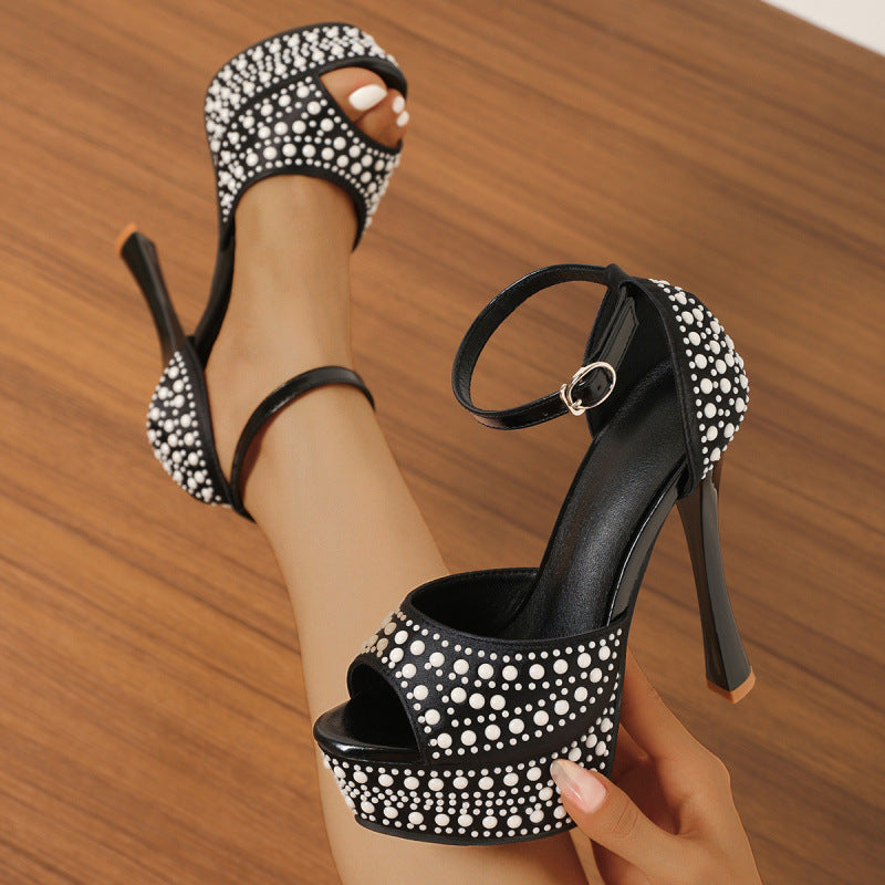 Fashionable Waterproof Platform Pearl Strap Ultra-High Heels