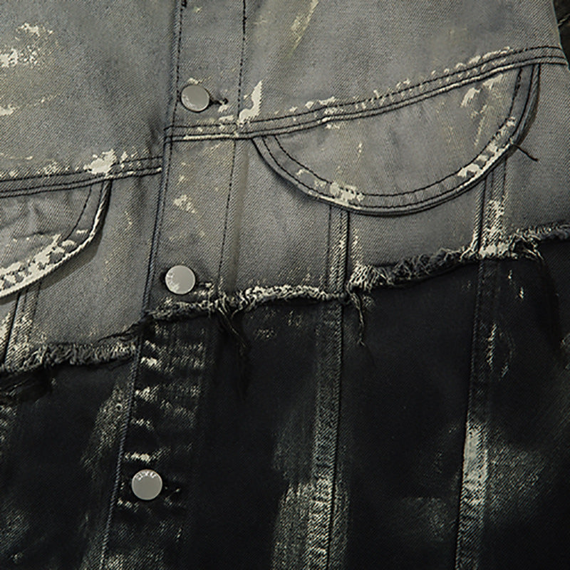 Men's Trendy Punk Contrast Color Gradient Irregular Stitching Cat Beard Polo Collar Jacket