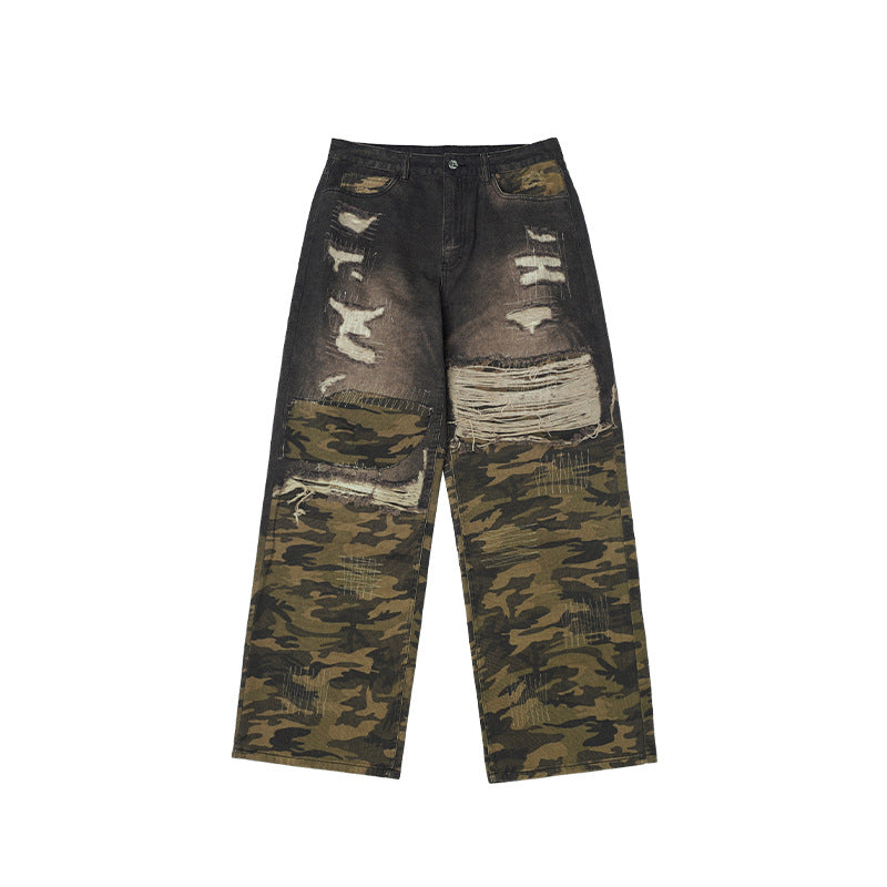 Cat Beard Stitching Digital Printing Jeans Loose Straight Trousers