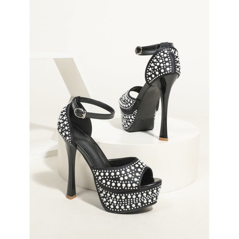 Fashionable Waterproof Platform Pearl Strap Ultra-High Heels