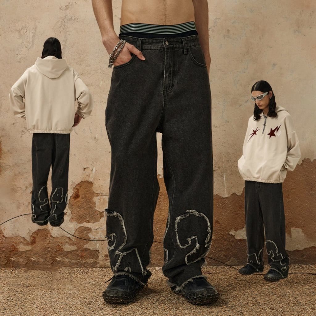 Men's Digital Cat Beard Affixed Cloth Embroidered Washed Jeans