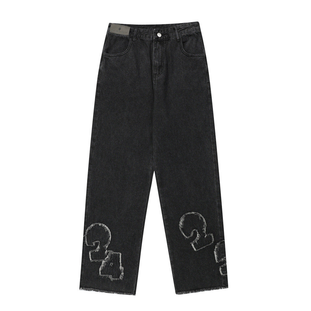 Men's Digital Cat Beard Affixed Cloth Embroidered Washed Jeans