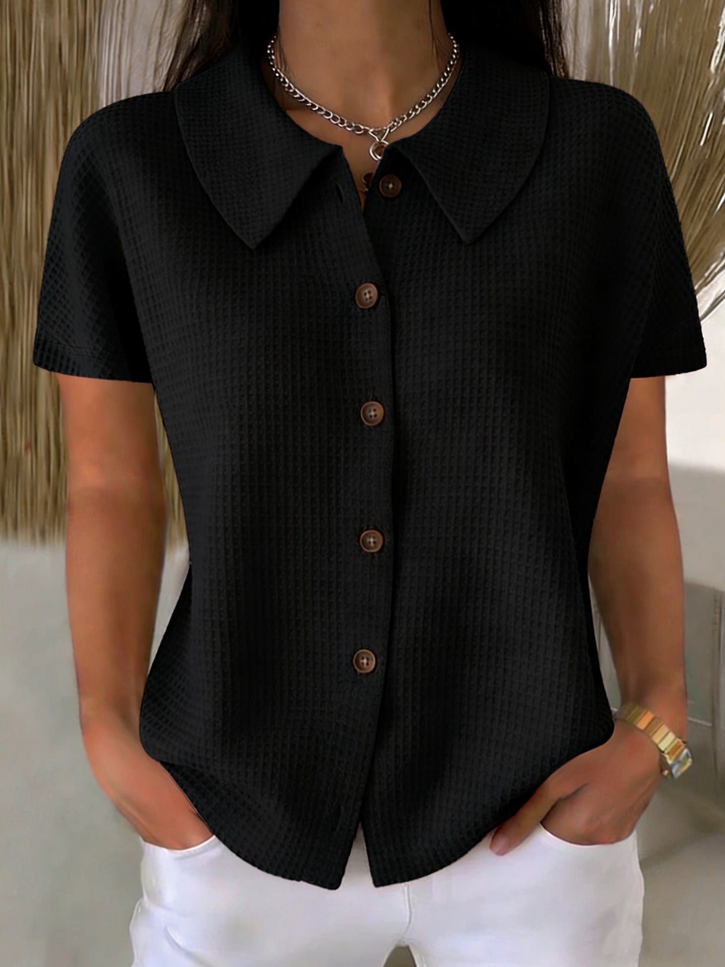 Turn-Down Collar Waffle Weave Solid Color Casual Loose Fit Short Sleeve Shirt - Women's Cotton Blend Lightweight Summer Top For Daily Wear