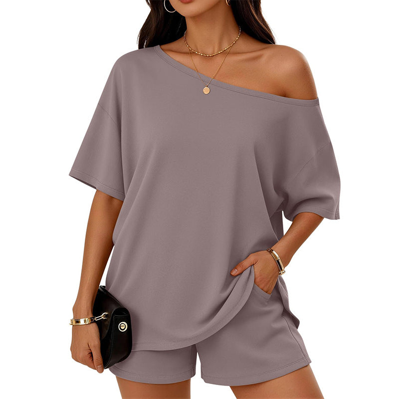 Women 2-piece Fashionable Casual Set Slant-Neck Top And Shorts