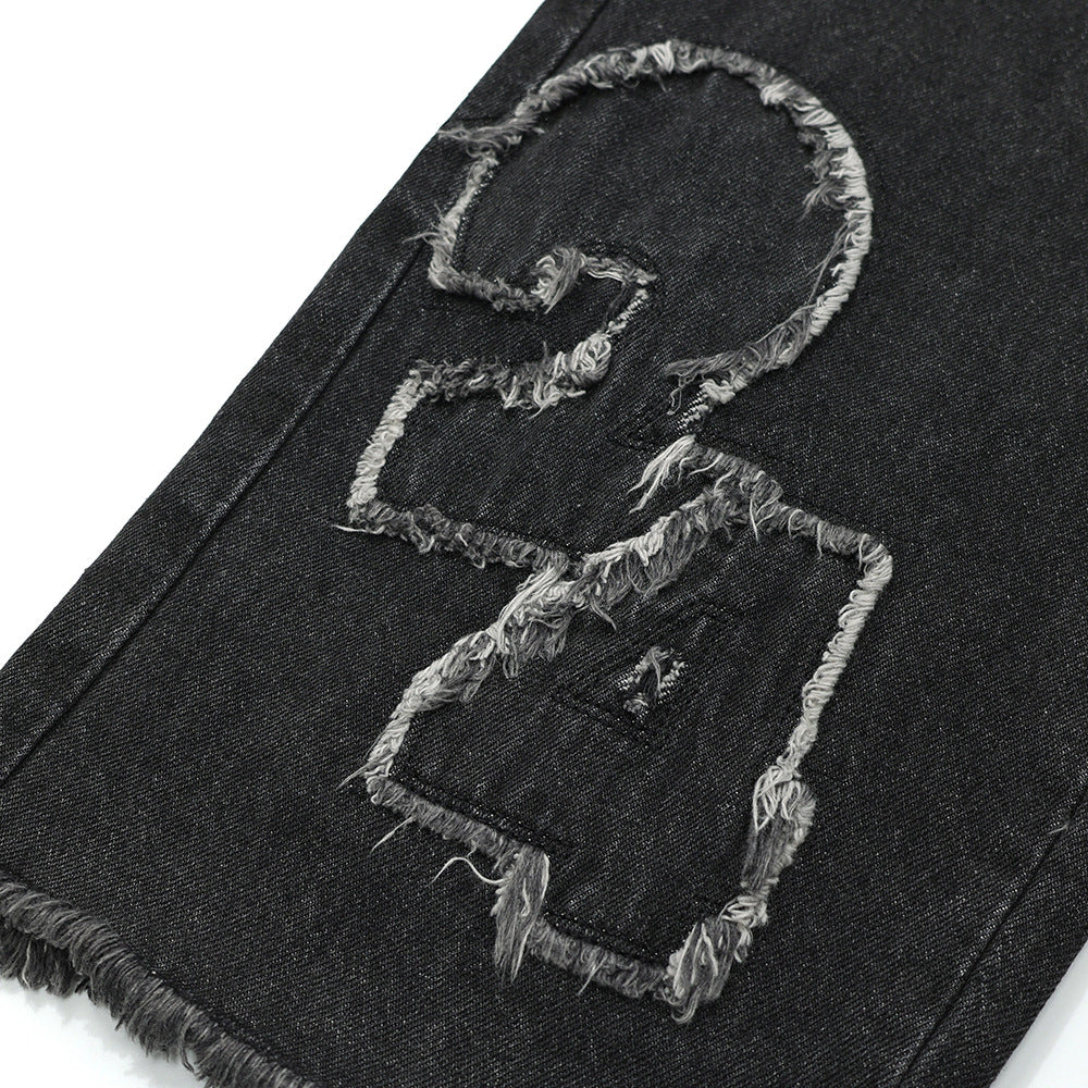 Men's Digital Cat Beard Affixed Cloth Embroidered Washed Jeans